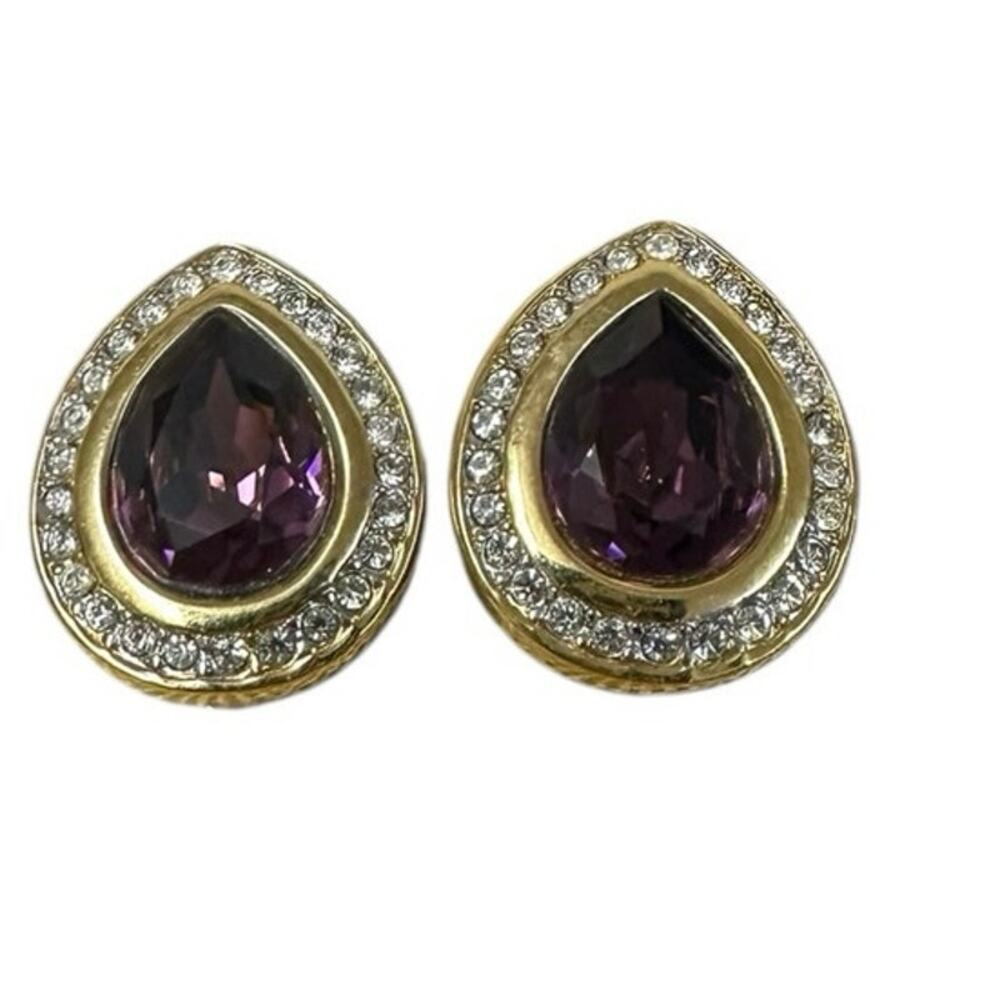 Vintage Swarovski SAL Purple Teardrop Clip On Earrings Gold Tone Crystal